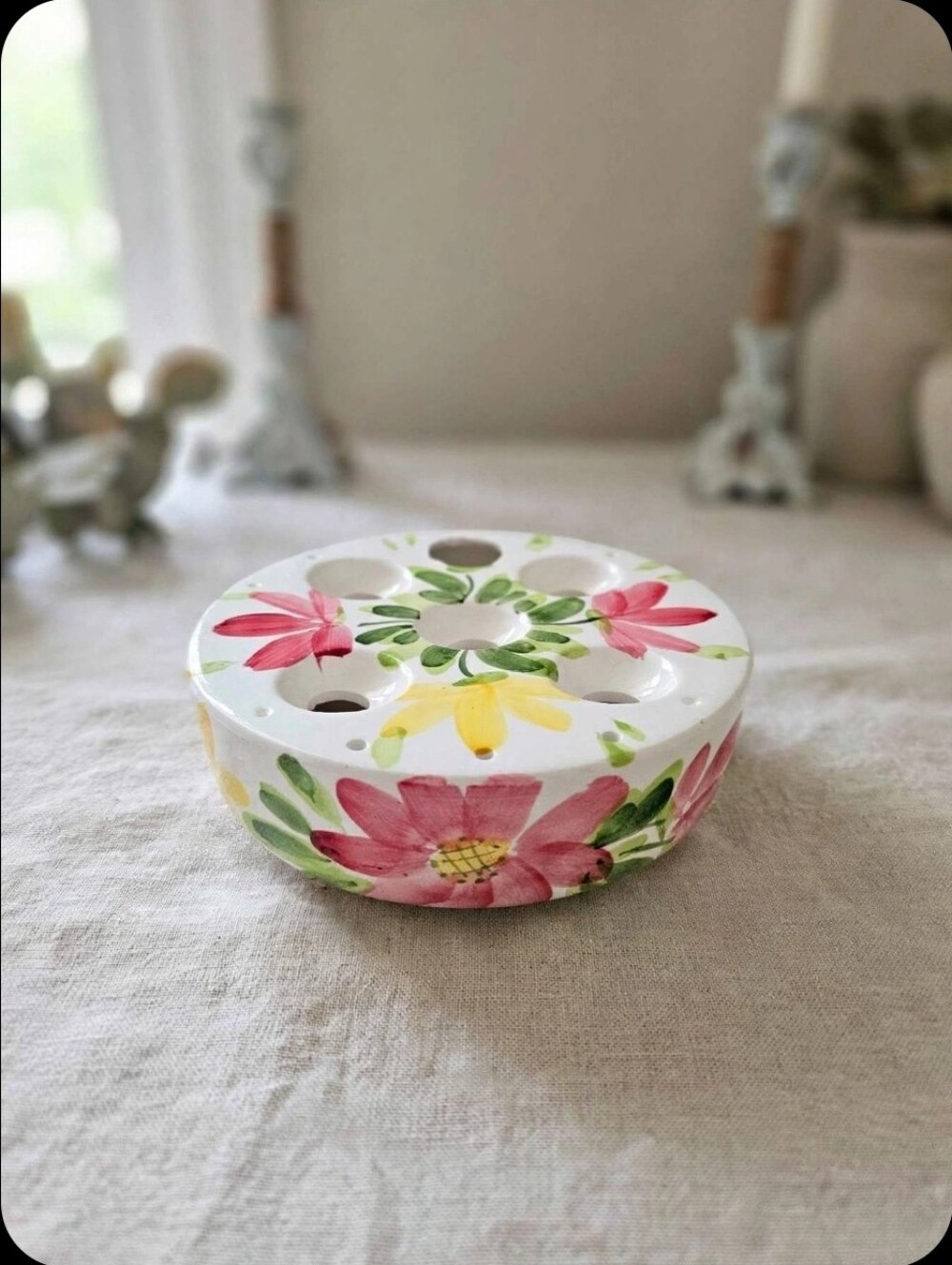 Vtg Hand Painted Japan Floral Ceramic Flower Frog